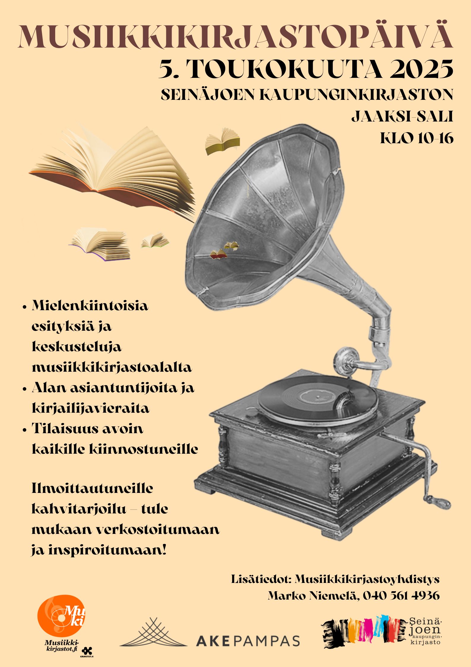 Musiikkikirjastopäivä Seinäjoen kaupunginkirjaston Jaaksi-salissa maanantaina 5. toukokuuta 2025