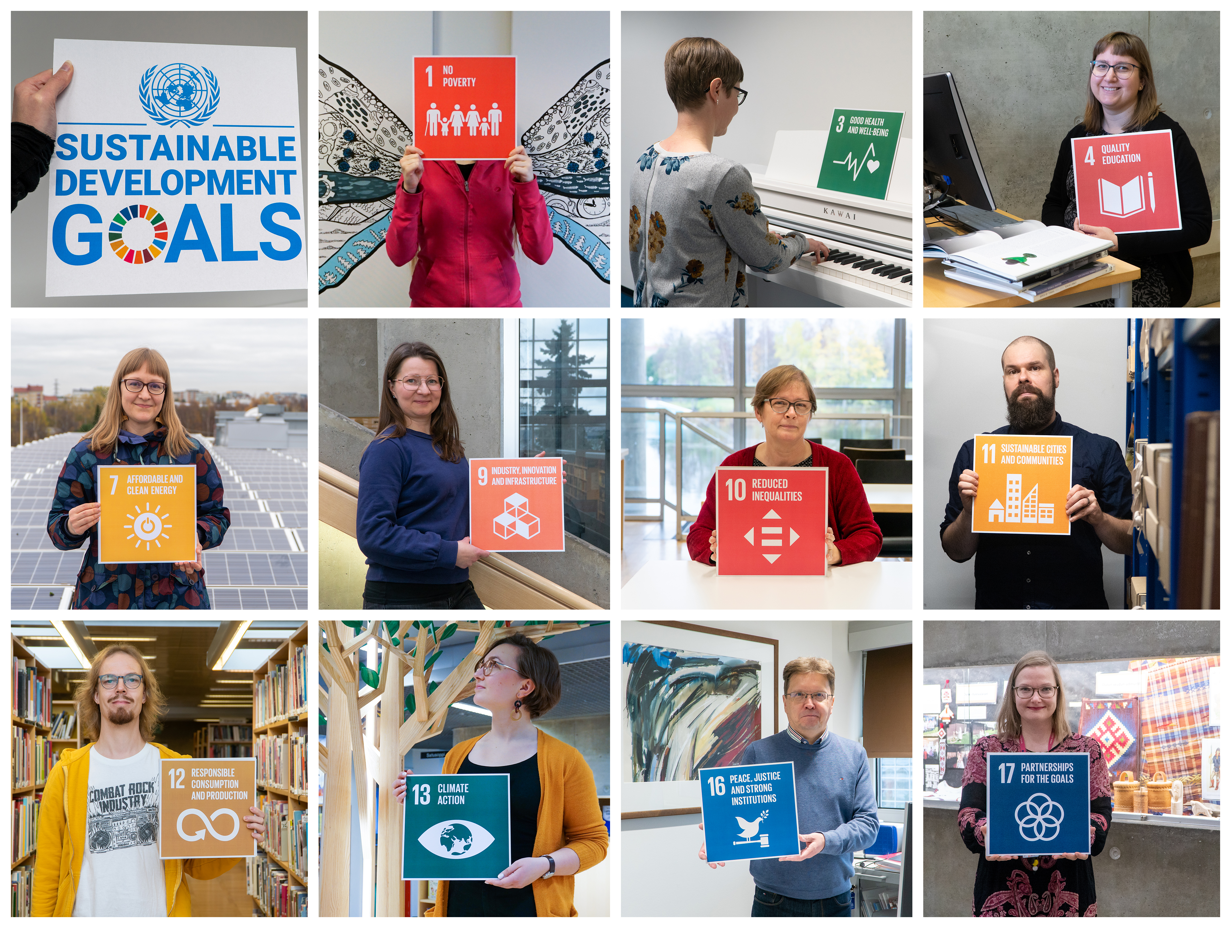 Photo collage of the UN Sustainable Development Goals and library staff
